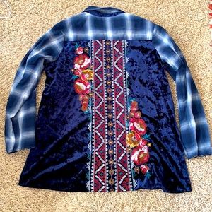 Embroidered Velvet Button Down Shirt - Blue